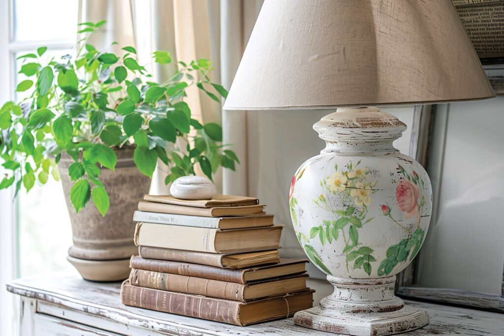 Rose Botanical IOD transzfer A3 mintás lámpa könyvekkel és virággal