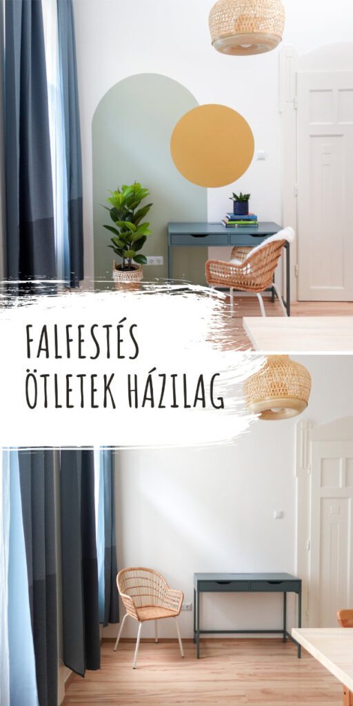 Falfestés ötletek házilag, nappali szoba fehér fala átfestve geometria mintásra Budapesti kislakásban előtte utána