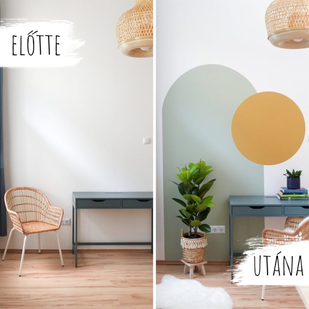 Falfestés ötletek házilag, nappali szoba fehér fala átfestve geometria mintásra Budapesti kislakásban előtte utána állapot