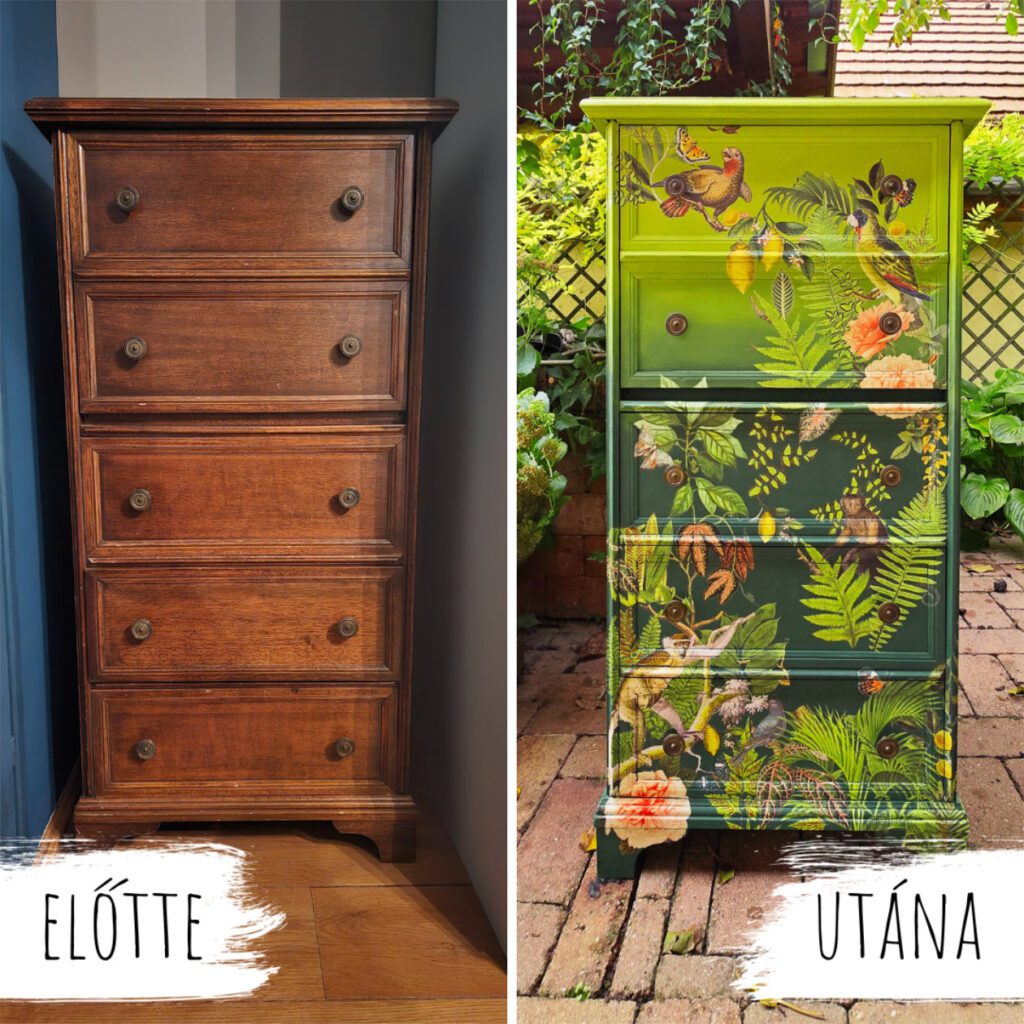 Dzsungel mintás bútor készítése előtte utána fotó, zöld ombre festés, transzferfóliával való díszítés