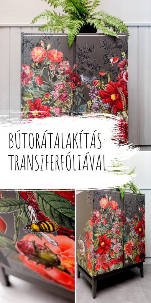 Retro, Varia bútor átfestése és virágos IOD transzfeerfóliával dekorálva. A festék Annie Sloan Graphite Satin Paint.