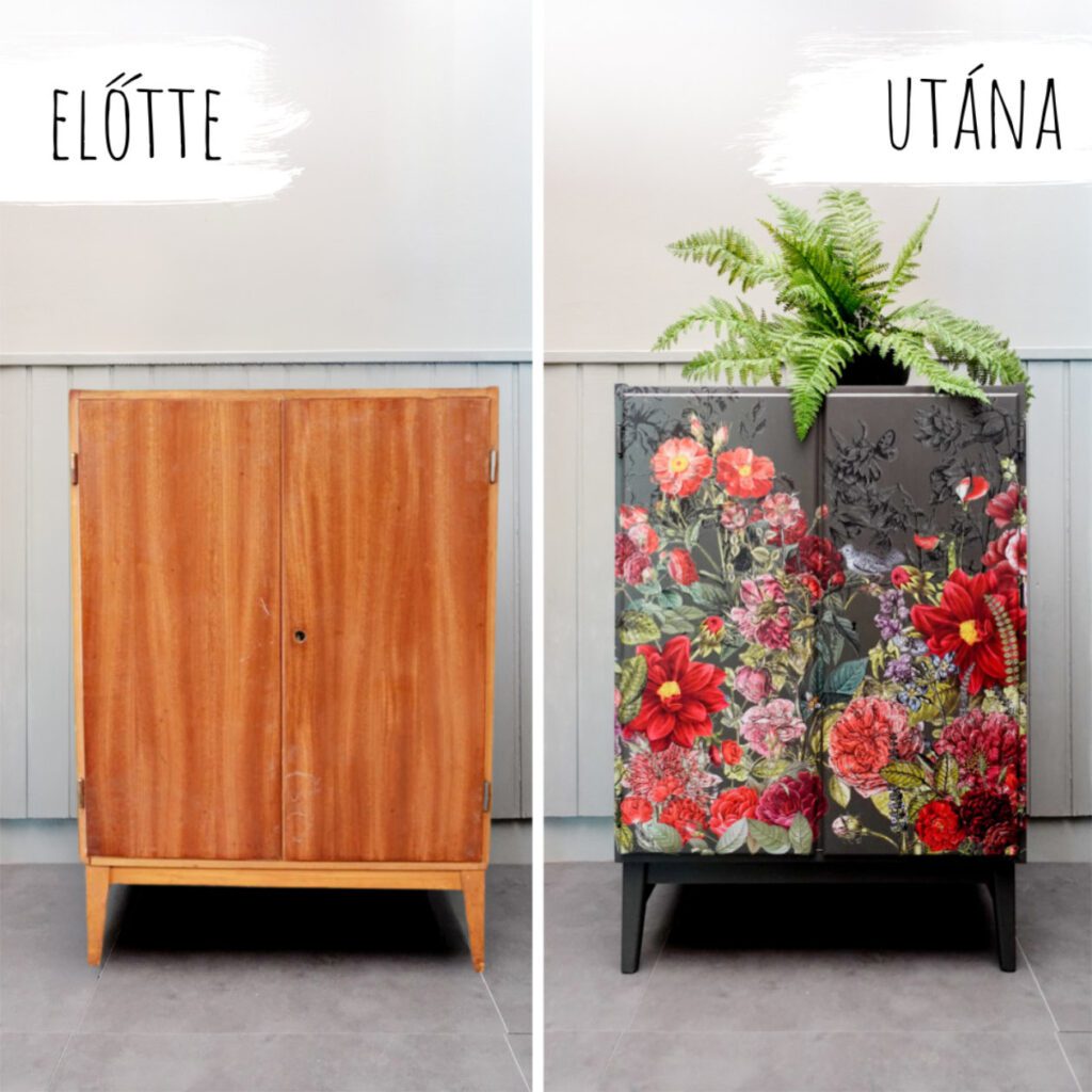 Retro varia fényes bútor átfestve és virágos transzfefóliával díszítve előtte utána kép