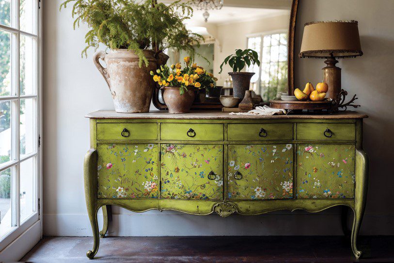 Lost Garden transzfer IOD minta zöld komódon