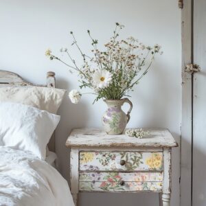 Sarah Featons Botanicals IOD Transzfer MINTA éjjeliszekrényen és vázán