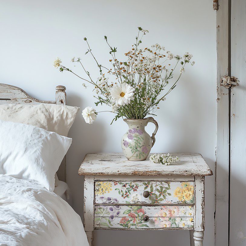 Sarah Featons Botanicals IOD Transzfer MINTA éjjeliszekrényen és vázán