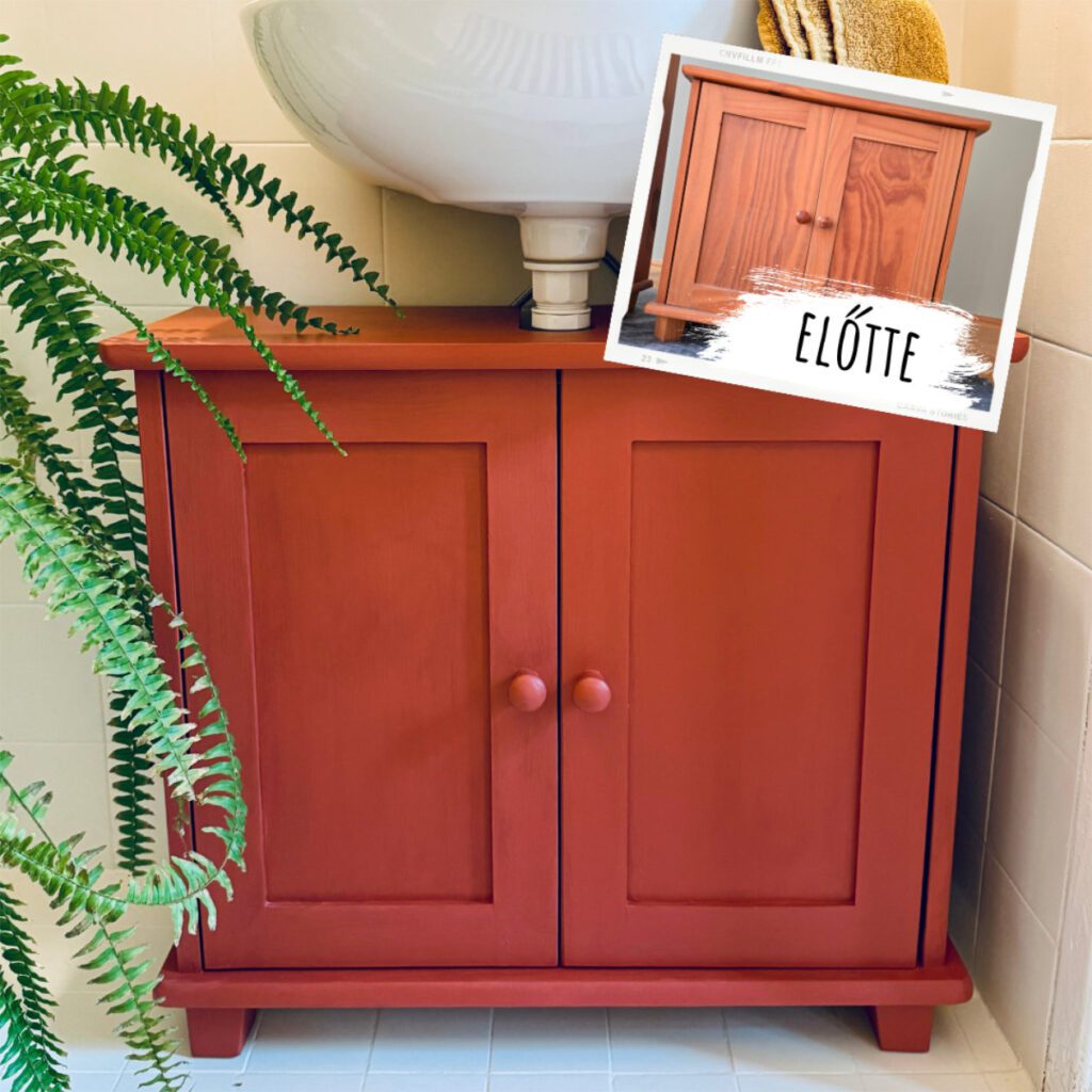 Fenyőbútor festése, Paprika Redre festett fürdőszobaszekrény